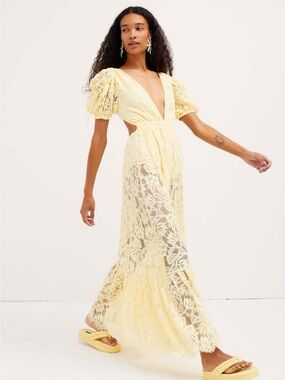 For Love & Lemons Bea Yellow Lace Midi Dress
